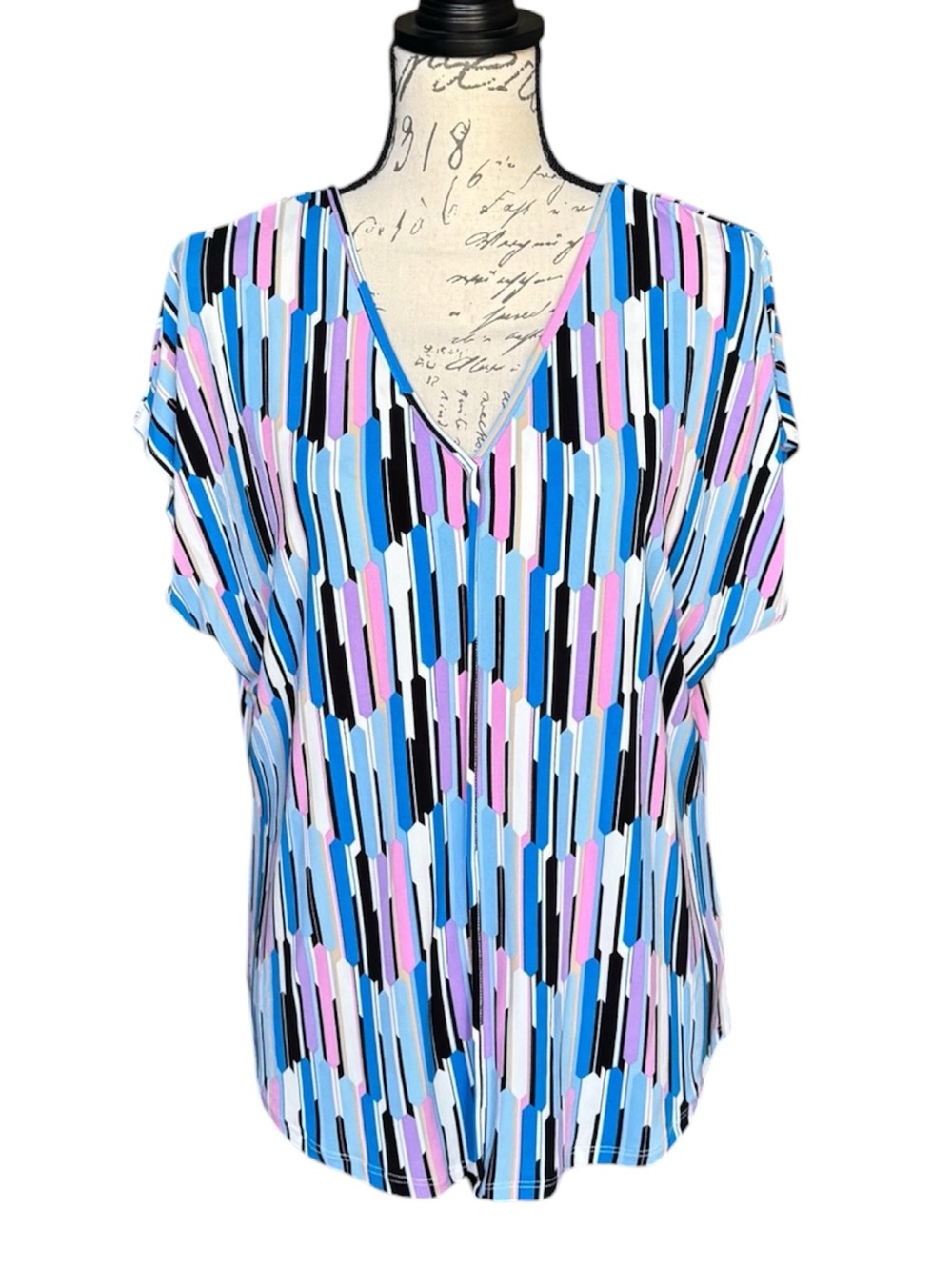 Bar III V-Neck Geometric Stripe Blouse in Blue, Pink and Black